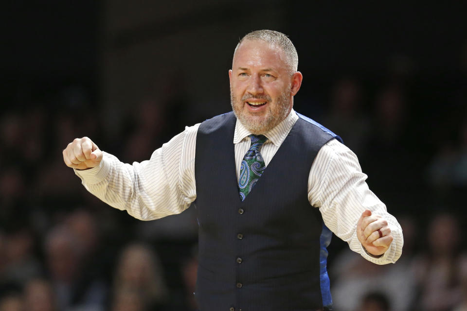 Texas A&M head coach Buzz Williams watches during the second half of an NCAA college basketball game against Vanderbilt Saturday, Jan. 11, 2020, in Nashville, Tenn. Texas A&M won 69-50. (AP Photo/Mark Humphrey)