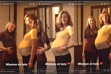 Alexandra Lamy (enceinte de sa fille Chloé) et sa soeur Audrey Lamy en 1997. Extraits d'une vidéo souvenir dévoilée par Chloé sur Instagram pour la fête des mères, le 4 juin 2023.
