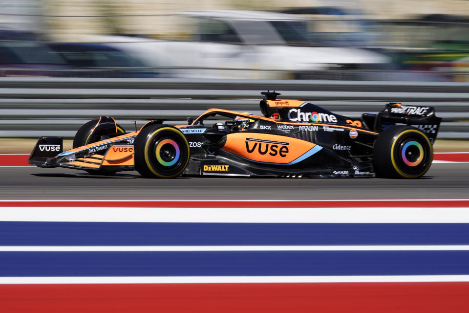 FILE - McLaren test driver Alex Palou, of Spain, drives during a practice session for the Formula One U.S. Grand Prix auto race at Circuit of the Americas, Friday, Oct. 21, 2022, in Austin, Texas. IndyCar driver Alex Palou will be the reserve driver next season for McLaren in Formula One, the first step in his 2024 move from Chip Ganassi Racing to McLaren in either IndyCar or F1. (AP Photo/Charlie Neibergall, File)