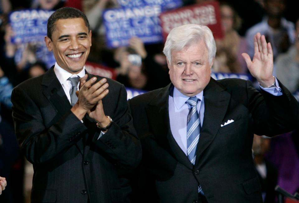 Then-Sen. Barack Obama, D-Ill., left, stands with Sen. Ted Kennedy, D-Mass., during a rally for Obama at American University on Jan. 28, 2008, in Washington.