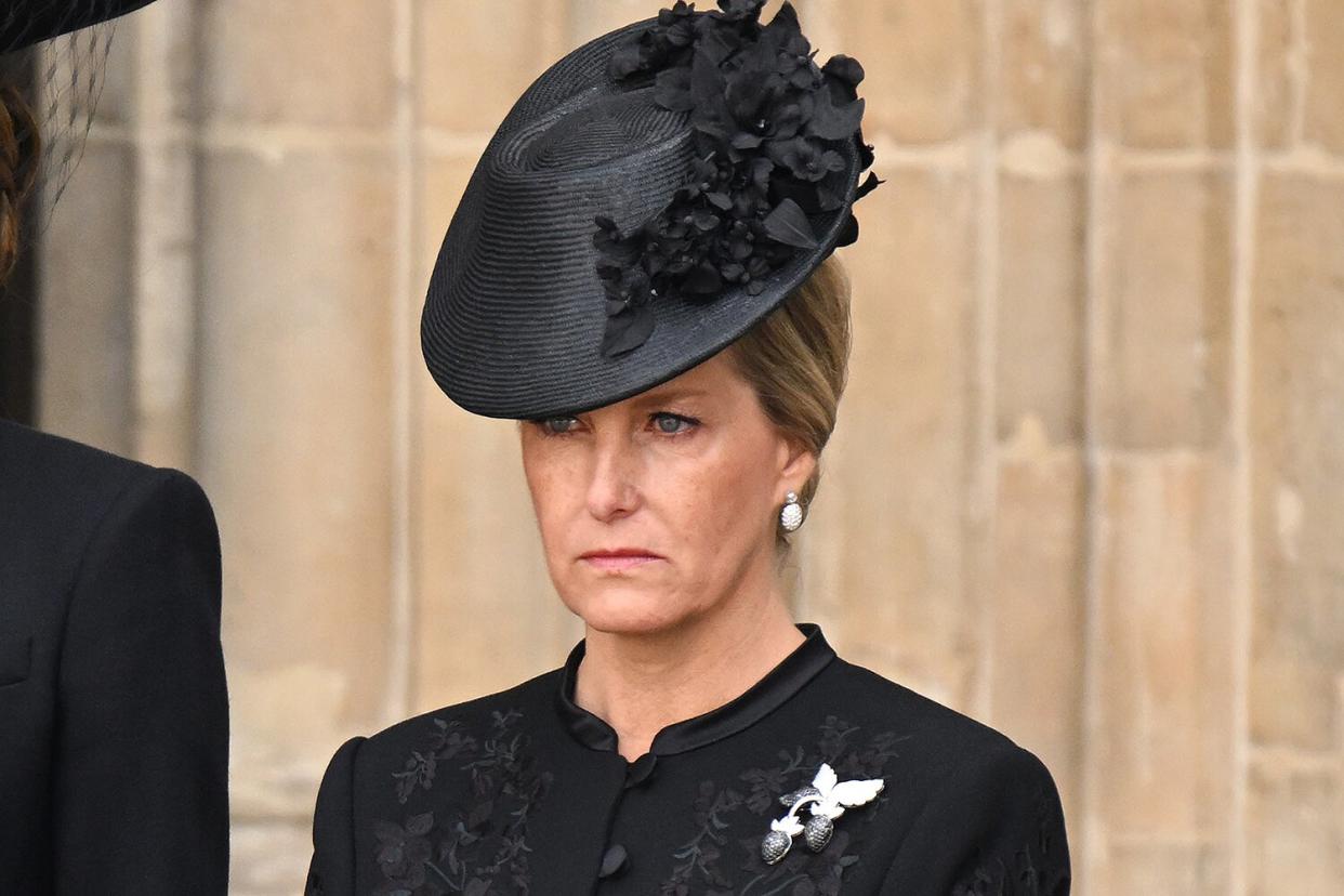 Prince George of Wales, Catherine, Princess of Wales, Princess Charlotte of Wales and Sophie, Countess of Wessex during the State Funeral of Queen Elizabeth II at Westminster Abbey on September 19, 2022 in London, England.