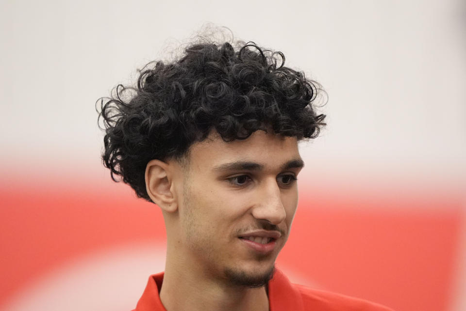 Atlanta Hawks' Zaccharie Risacher speaks during an NBA basketball news conference, Friday, June 28, 2024, in Atlanta. Risacher was selected as the first overall pick by the Atlanta Hawks in the first round of the NBA basketball draft. (AP Photo/Brynn Anderson)