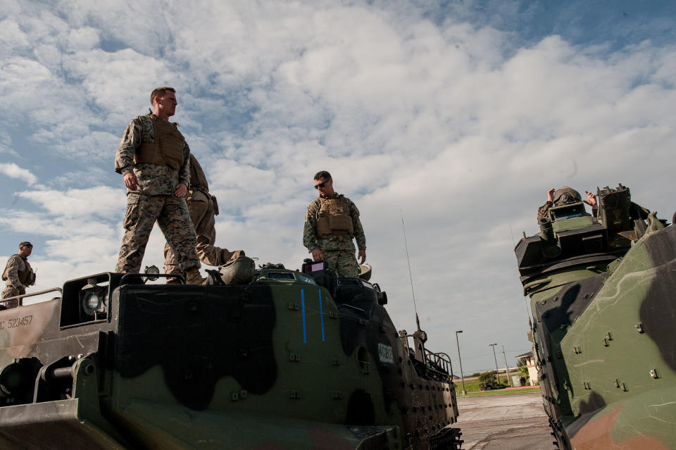 Marines arrive from Galveston Island in amphibious vehicles at&nbsp;the Central Mall in Port Arthur.