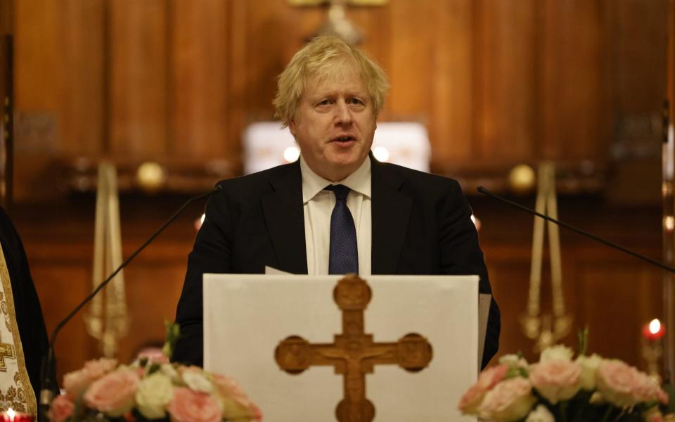 Boris Johnson speaks during a visit to the Ukrainian Catholic Eparchy of Holy Family of London - Jamie Lorriman/The Daily Telegraph