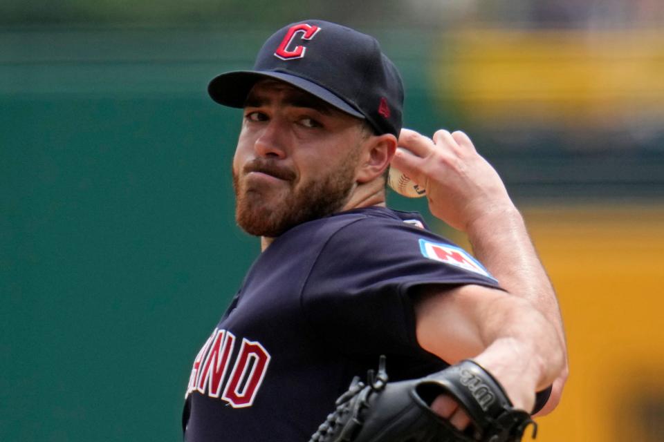 Cleveland Guardians starting pitcher Aaron Civale delivers during the first inning of a baseball game against the Pittsburgh Pirates in Pittsburgh, Wednesday, July 19, 2023. (AP Photo/Gene J. Puskar)