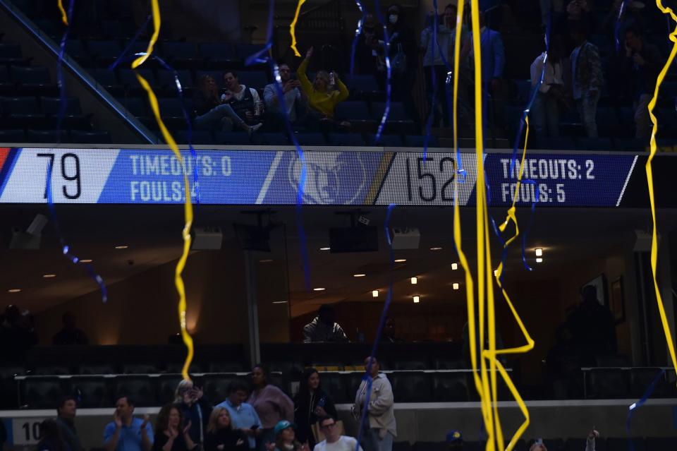 Dec. 2: The scoreboard in Memphis shows the final score of the Grizzlies' 152-79 rout of the Thunder on Thursday, with their 73-point win setting a record for largest margin of victory in NBA history.