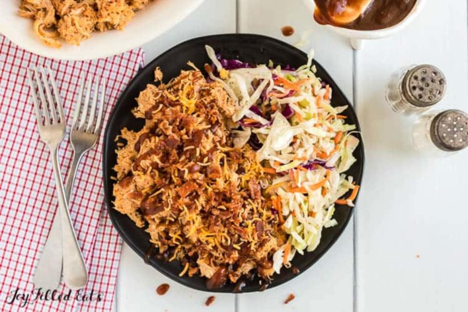 <p>Joy Filled Eats</p><p>The shredded BBQ chicken is perfect for a salad. </p><p><strong>Get the Recipe: <a href="https://joyfilledeats.com/crockpot-bbq-chicken/" rel="nofollow noopener" target="_blank" data-ylk="slk:Crockpot BBQ Chicken;elm:context_link;itc:0;sec:content-canvas" class="link ">Crockpot BBQ Chicken</a></strong></p>