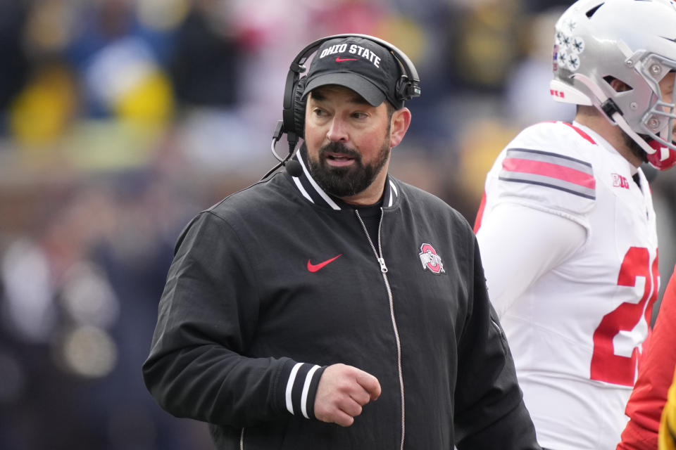 Ohio State head coach Ryan Day seen during the first half of an NCAA college football game against Michigan, Saturday, Nov. 25, 2023, in Ann Arbor, Mich. (AP Photo/Carlos Osorio)