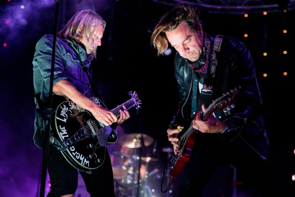 VENTURA, CALIFORNIA - AUGUST 15: Jon Foreman (L) and Drew Shirley of Switchfoot perform at Ventura County Fairgrounds and Event Center on August 15, 2020 in Ventura, California. Due to ongoing coronavirus social distance restrictions, drive-in concerts have become a popular way for fans to experience live music (Photo by Rich Fury/Getty Images)