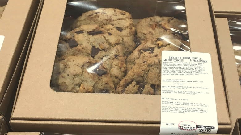 Boxes of Costco chocolate chip walnut cookies