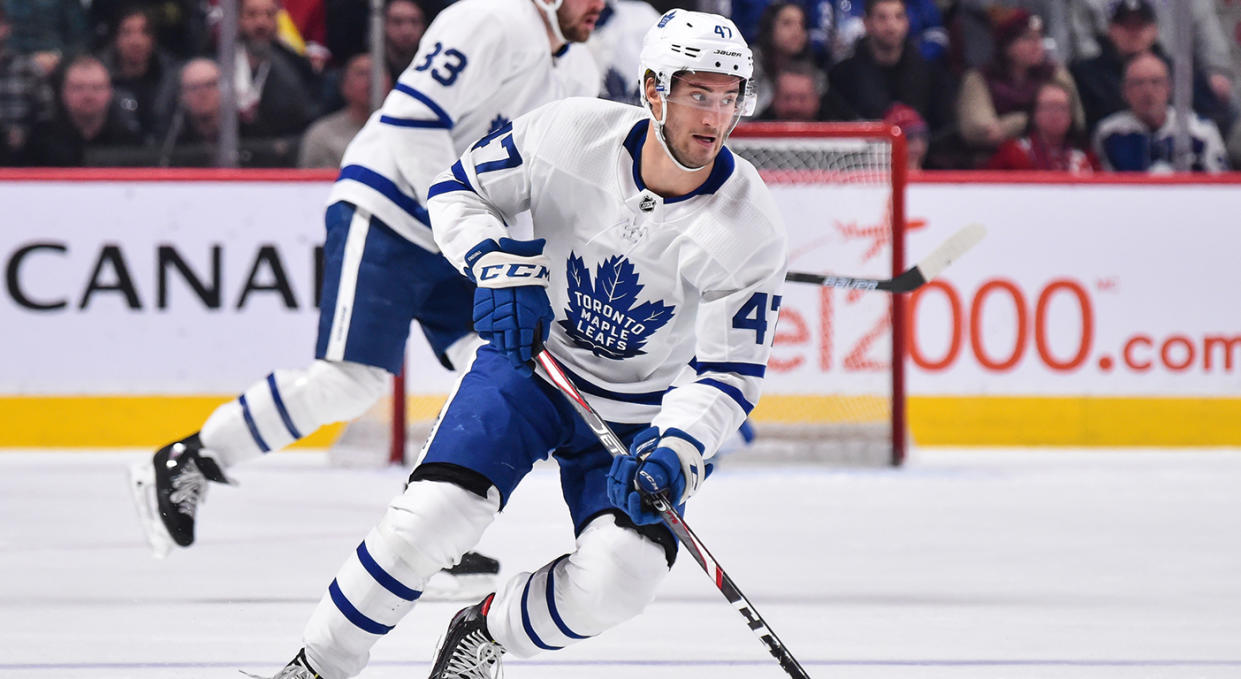 MONTREAL, QC - FEBRUARY 08: Pierre Engvall #47 of the Toronto Maple Leafs skates against the Montreal Canadiens during the third period at the Bell Centre on February 8, 2020 in Montreal, Canada. The Montreal Canadiens defeated the Toronto Maple Leafs 2-1 in overtime. (Photo by Minas Panagiotakis/Getty Images) 