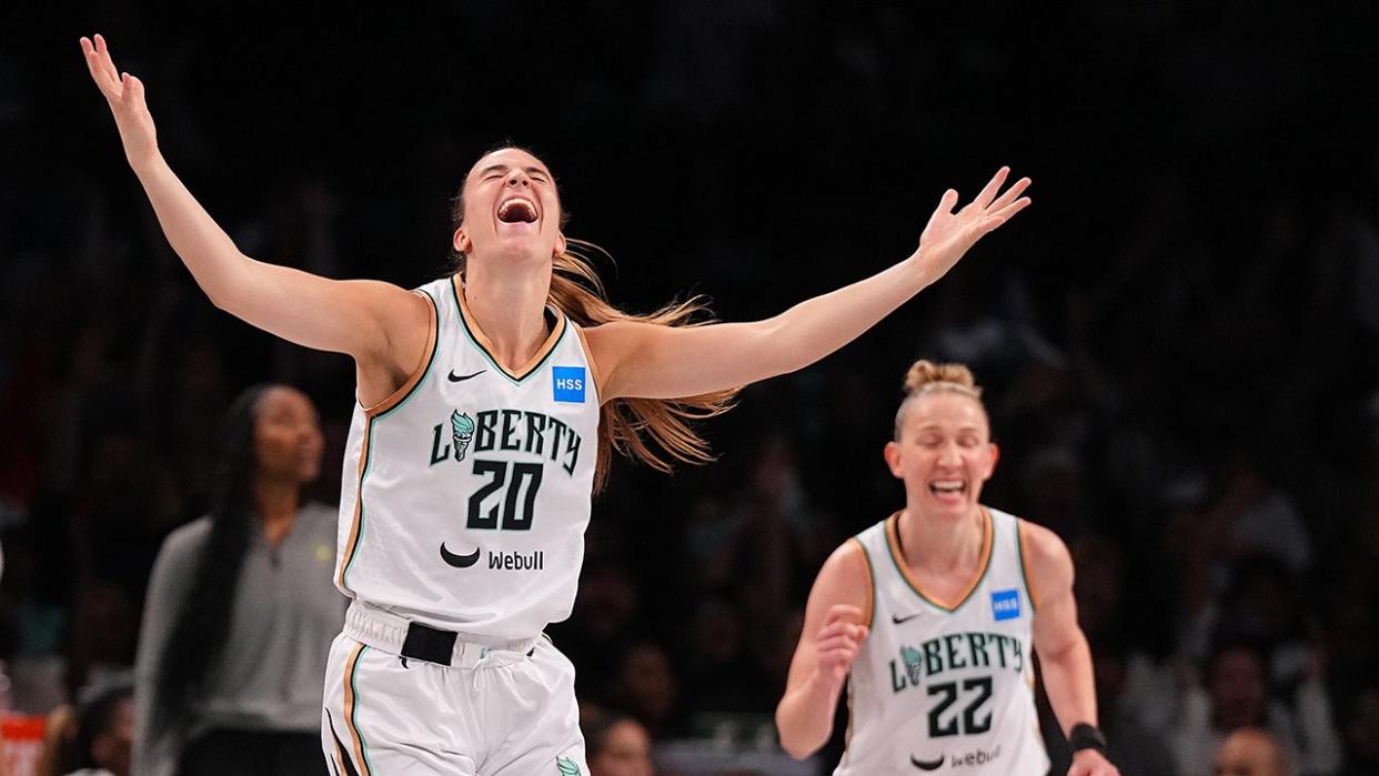 <div>Sabrina Ionescu #20 and Courtney Vandersloot #22 of the New York Liberty react against the Seattle Storm at the Barclays Center on July 25, 2023 in the Brooklyn borough of New York City. (Photo by Mitchell Leff/Getty Images)</div>