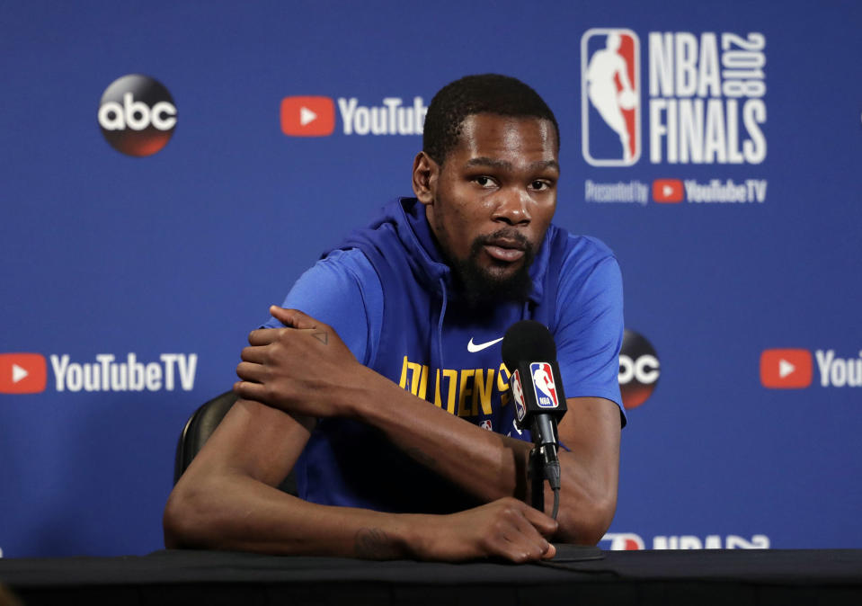 Kevin Durant was short in his comments on Bryan Colangelo’s alleged burner Twitter accounts. (AP)