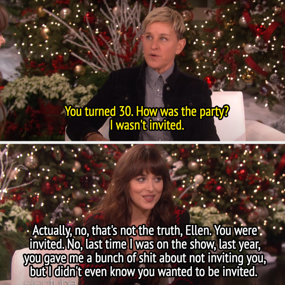 dakota setting the recored straight and telling ellen and the audience that ellen was invited to her party