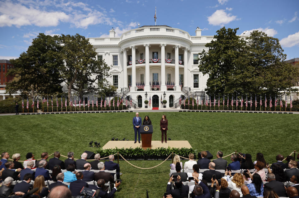 Judge Ketanji Brown Jackson at a lectern on the lawn in front of the White House.