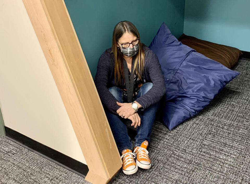 Staci Boehlke stopped in the school’s “focus room,” where students can go if they need a moment alone. (Linda Jacobson)