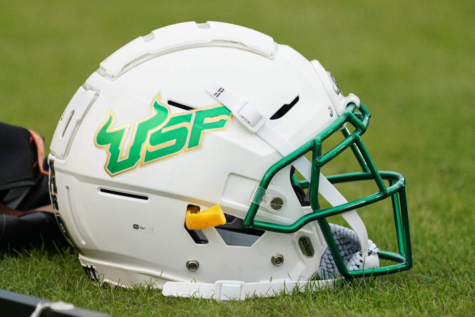 GREENVILLE, NC - OCTOBER 26: South Florida Bulls helmet sits on the sidelines during a game between the USF Bulls and the East Carolina Pirates at Dowdy-Ficklen Stadium in Greenville, NC on October 26, 2019. (Photo by Greg Thompson/Icon Sportswire via Getty Images)