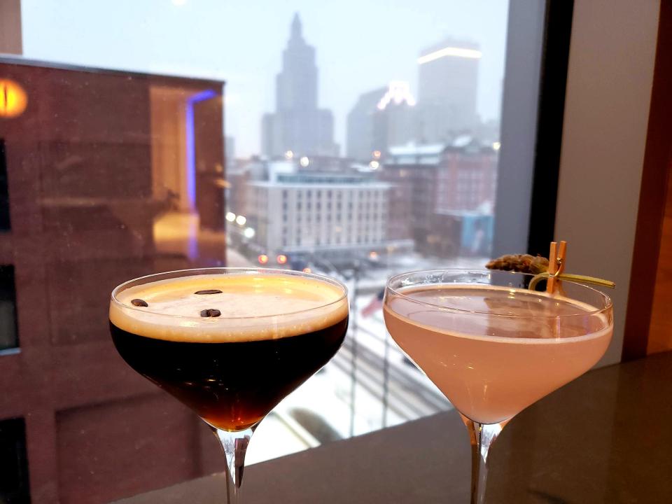 The Pick Me Up (left) is an espresso martini while the Lavender Fields gin cocktail is garnished with a sprig of the herb.