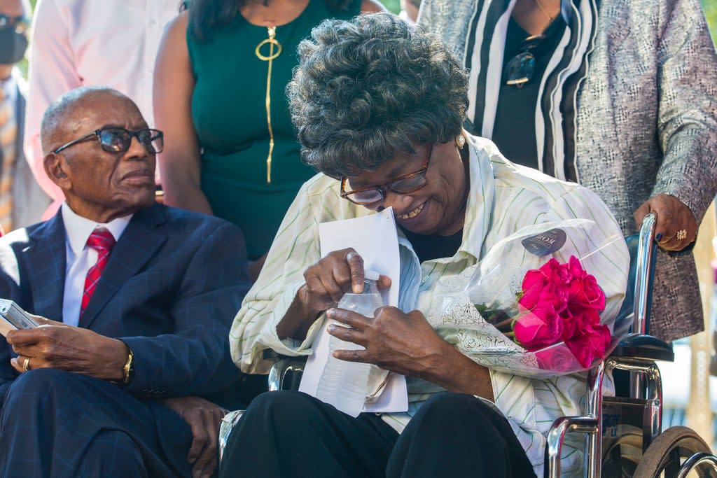 Claudette Colvin laughs during a news conference after she filed paperwork to have her juvenile record expunged (AP)