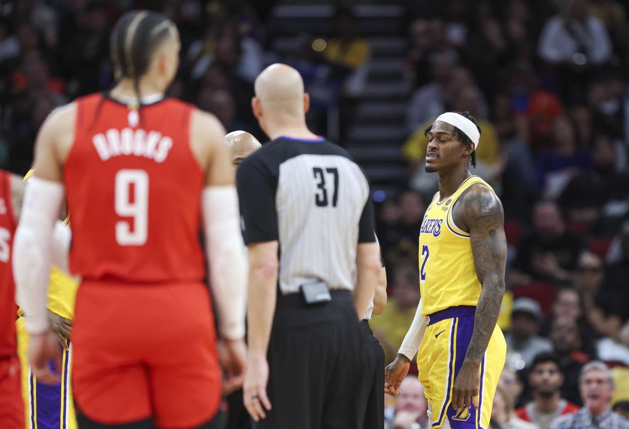 Lakers forward Jarred Vanderbilt didn’t last long on Monday in Houston. (Troy Taormina/USA Today)