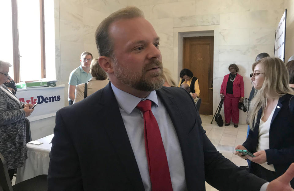 FILE - In this Nov. 4, 2019 file photo, Democratic U.S. Senate hopeful Josh Mahony talks to reporters at the Arkansas state Capitol in Little Rock, Arkansas. Mahony , who was hoping to unseat Republican U.S. Sen. Tom Cotton in Arkansas has dropped out of the race, citing a family health concern. Mahony announced on Twitter Tuesday, Nov. 4, 2019, that he was dropping out of the race, hours after the filing deadline for Arkansas expired. Mahony was the only Democrat who had filed to run against Cotton. (AP Photo/Andrew Demillo File)