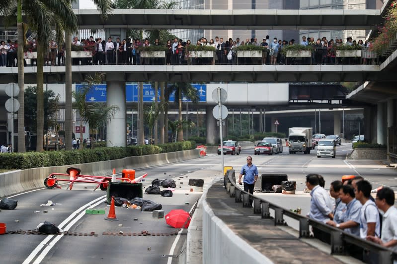 A view shows a road blocked by anti-government demonstrators during a protest in Central, Hong Kong