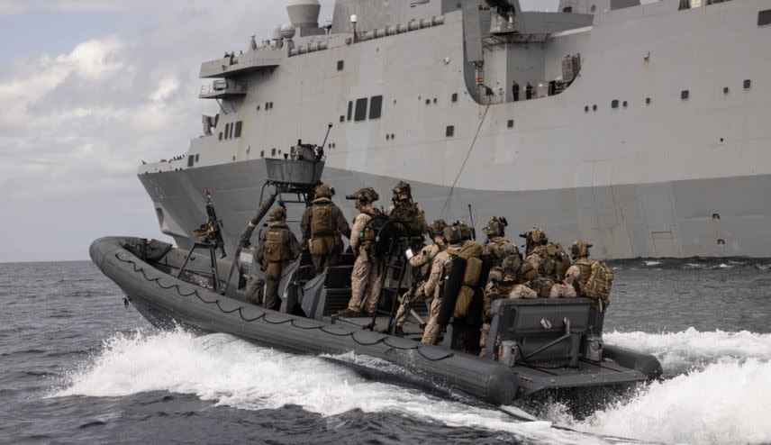 U.S. Marines with Maritime Special Purpose Force, 24th Marine Expeditionary Unit (MEU) from Marine Corps Base Camp Lejeune conduct open-sea rigid-hull inflatable boat operations during Amphibious Squadron, MEU Integration in the Atlantic Ocean, Dec. 9, 2023. (U.S. Marine Corps photo by Lance Cpl. Ryan Ramsammy)