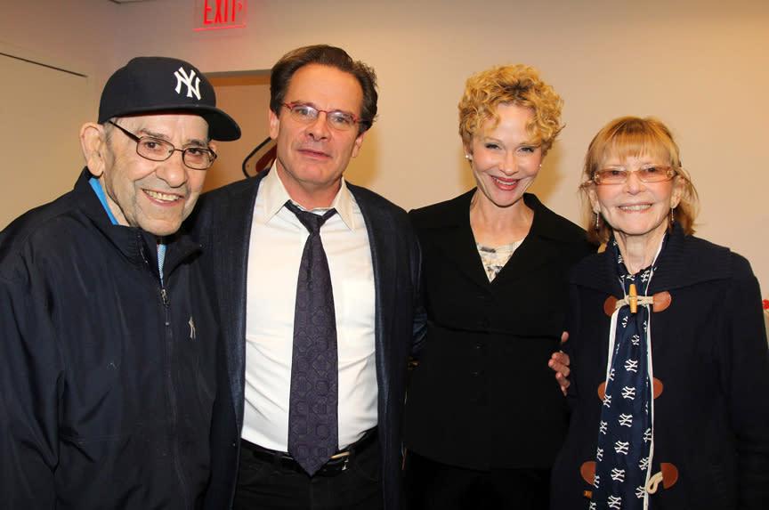 CORRECTS DATE TO THURSDAY MARCH 6, 2014 In this 2013 photo released by Polk PR, baseball legend Yogi Berra, left, actor Peter Scolari, center left, Scolari’s wife, actress Tracy Shayne and Carmen Berra pose for a photo at the Yogi Berra Museum & Learning Center at Montclair State University in Montclair, N.J. NJ.com reported that Carmen Berra died from complications from a stroke on Thursday, March 6, 2014 in New Jersey. She was 85. (AP Photo/Polk PR, Bruce Glikas, File)