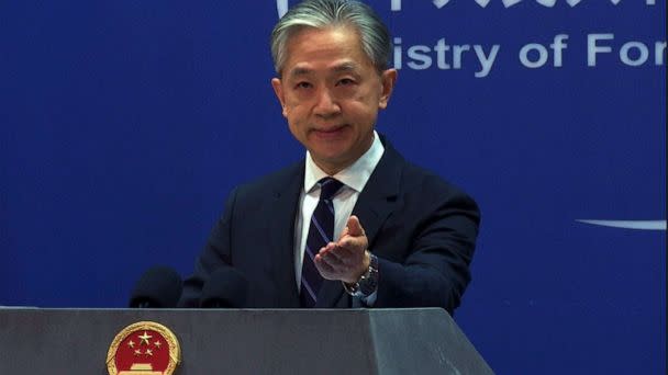 PHOTO: In this image taken from video, Chinese Ministry of Foreign Affairs spokesperson Wang Wenbin gestures as he speaks during a press briefing at the ministry's office in Beijing, China, on Feb. 13, 2023. (Liu Zheng/AP)
