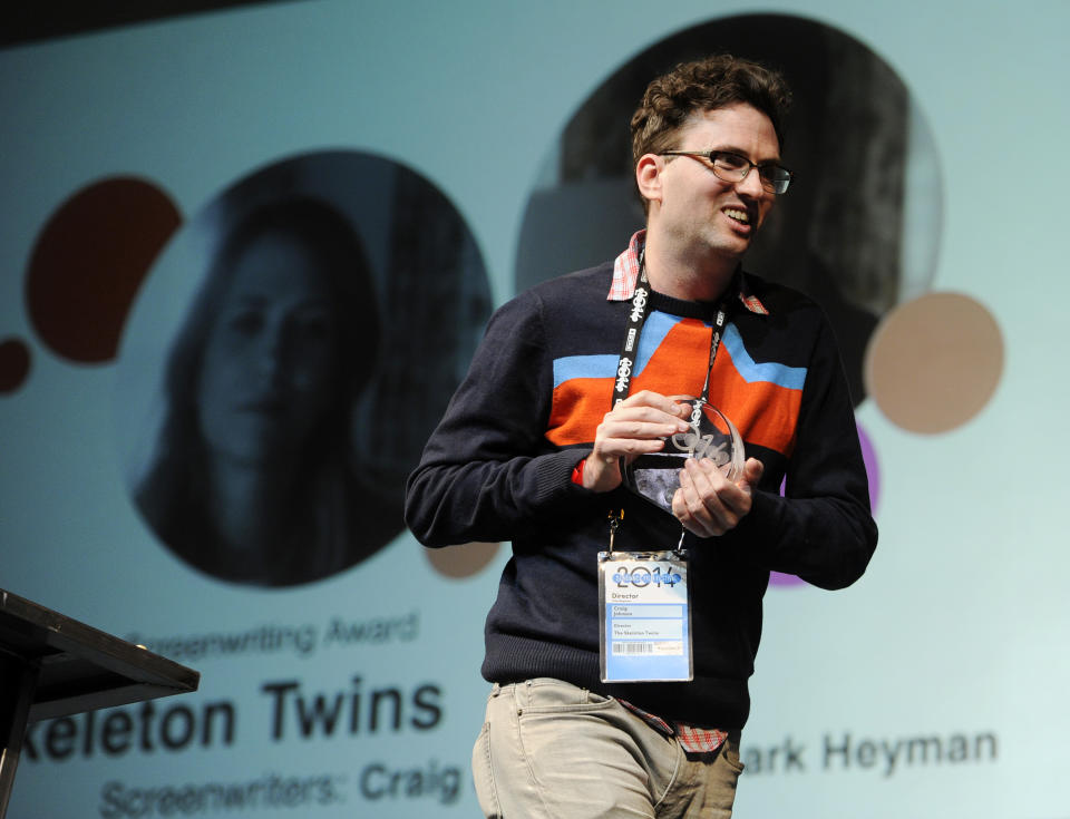 Craig Johnson accepts the Waldo Salt Screenwriting Award for the film "The Skeleton Twins" during the 2014 Sundance Film Festival Awards Ceremony on Saturday, Jan. 25, 2014, in Park City, Utah. Johnson co-wrote the film with Mark Heyman. (Photo by Chris Pizzello/Invision/AP)