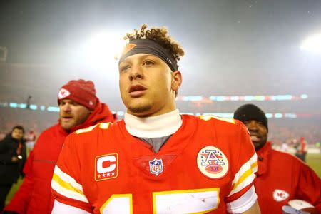 FILE PHOTO: Jan 12, 2019; Kansas City, MO, USA; Kansas City Chiefs quarterback Patrick Mahomes (15) after beating the Indianapolis Colts in an AFC Divisional playoff football game at Arrowhead Stadium. Mandatory Credit: Mark J. Rebilas-USA TODAY Sports