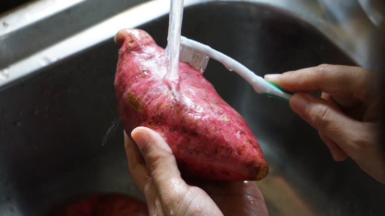 person washing sweet potato