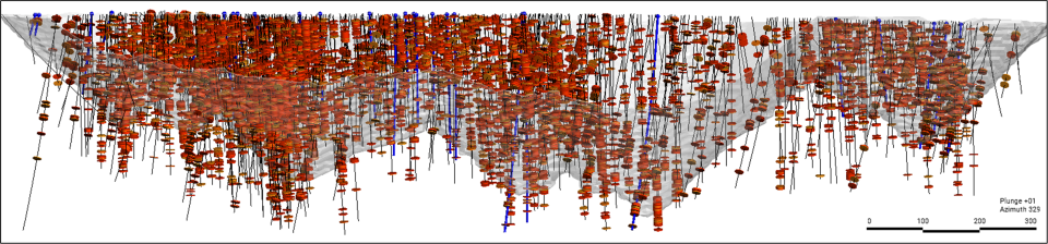 Long Section of the Berry Deposit (View NW) incorporating all drilling up to and including VL-22-1260, representing 115,554 metres, and assays above 0.3 g/t Au. New drill holes reported today are illustrated in blue.