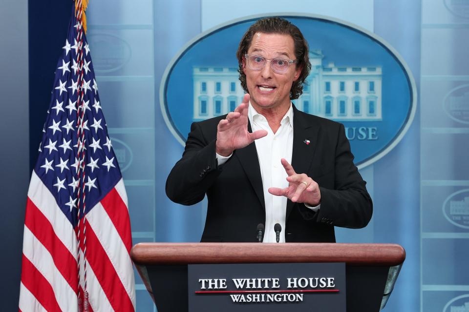 After meeting with President Joe Biden, actor Matthew McConaughey talks to reporters during the daily news conference in the Brady Press Briefing Room at the White House.