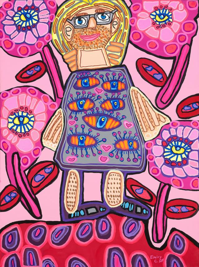 Archibald Prize 2023 finalist, Emily Crockford, Jeff’s pink daisy eyelash clash, acrylic on canvas, 101.7 x 76.7 cm © the artist, image © Art Gallery of New South Wales, Jenni Carter.
