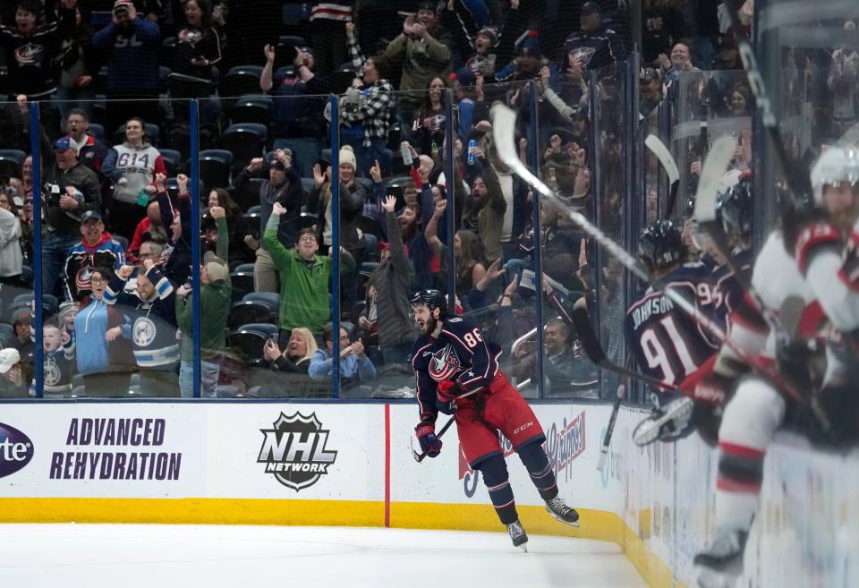 Apr 2, 2023; Columbus, Ohio, USA; Columbus Blue Jackets right wing Kirill Marchenko (86) celebrates after scoring the game winning goal against Ottawa Senators during overtime of the NHL game at Nationwide Arena. 