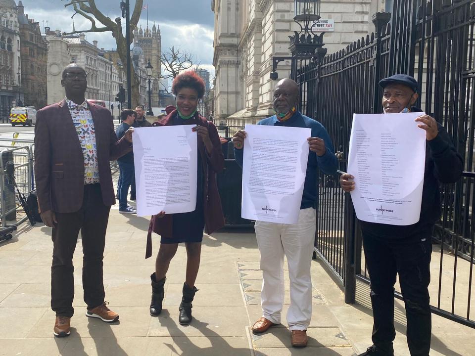Patrick Vernon OBE, Tishuana Mullins and Michael Hamilton from social enterprise Ubele Initiative and Windrush survivor Anthony Bryan, delivering petition to Downing Street.Runnymede Trust
