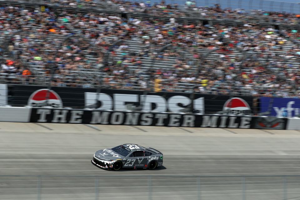 Apr 28, 2024; Dover, Delaware, USA; NASCAR Cup Series driver Bubba Wallace (23) races during the Wurth 400 at Dover Motor Speedway. Mandatory Credit: Matthew O'Haren-USA TODAY Sports