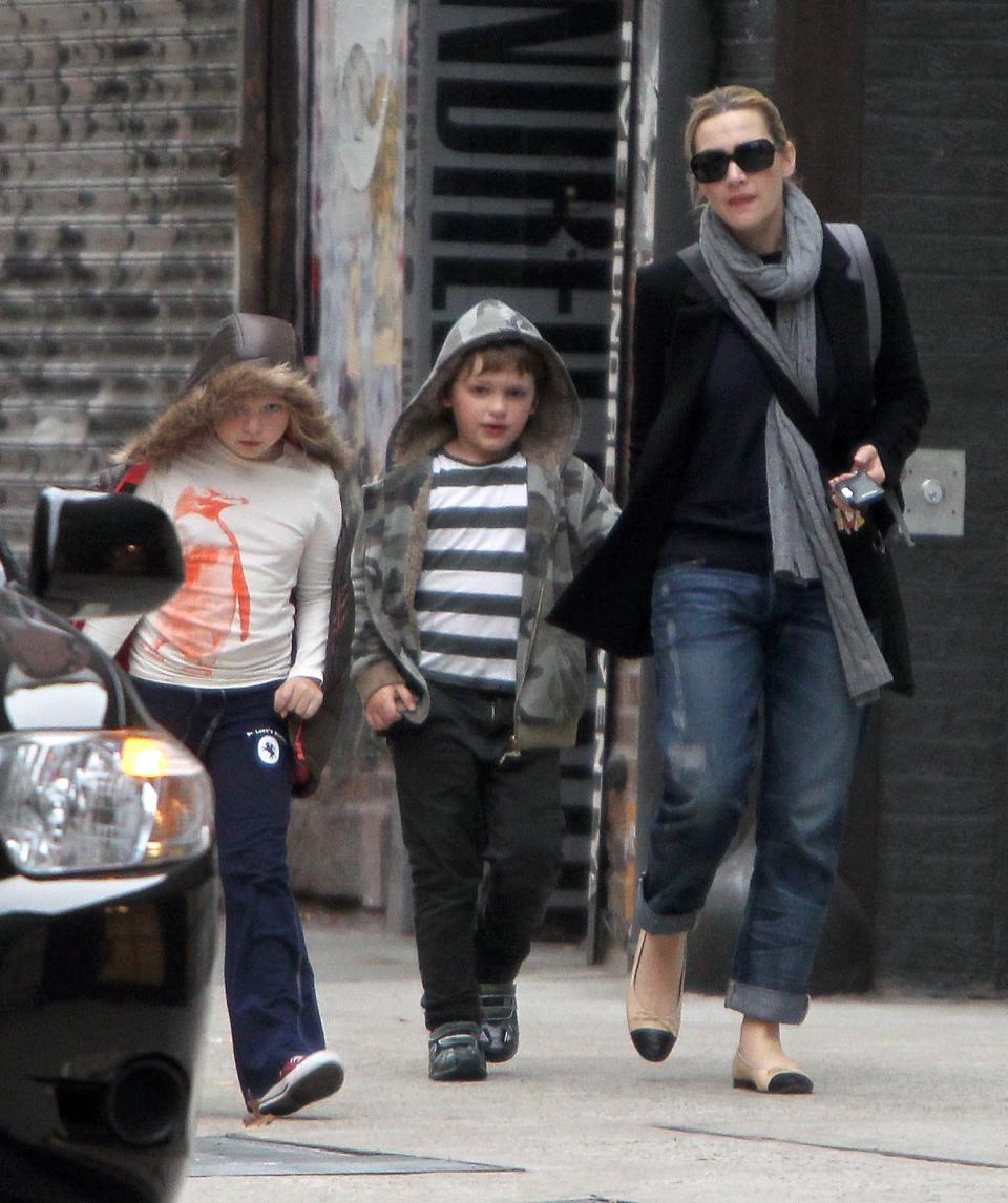 ©2010 RAMEY PHOTO English actress Kate Winslet coming out of her house to pick up her children at the school in New York, NY on November 23, 2010.Kate Winslet and Burberry model Louis Dowler have reportedly split following their four month romance. CG (Photo by Philip Ramey/Corbis via Getty Images)