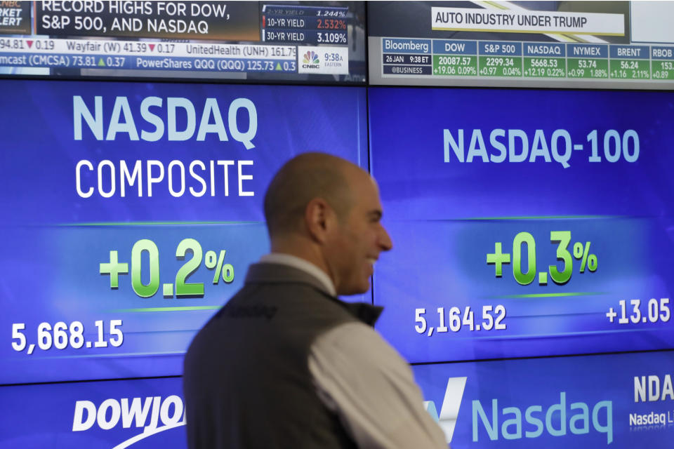 Pantallas que muestran la cotización de los índices Nasdaq Composite y Nasdaq-100 en Nueva York. (AP Photo/Mark Lennihan)