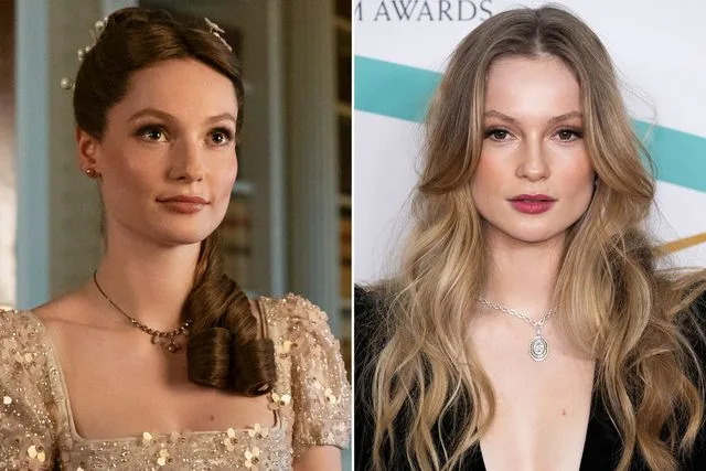 <p>Liam Daniel/Netflix ; Jeff Spicer/Getty</p> Left: Hannah Dodd as Francesca Bridgerton in Season 3 of 'Bridgerton'. Right: Hannah Dodd attends the EE BAFTA Film Awards 2023 on February 19, 2023 in London, England.