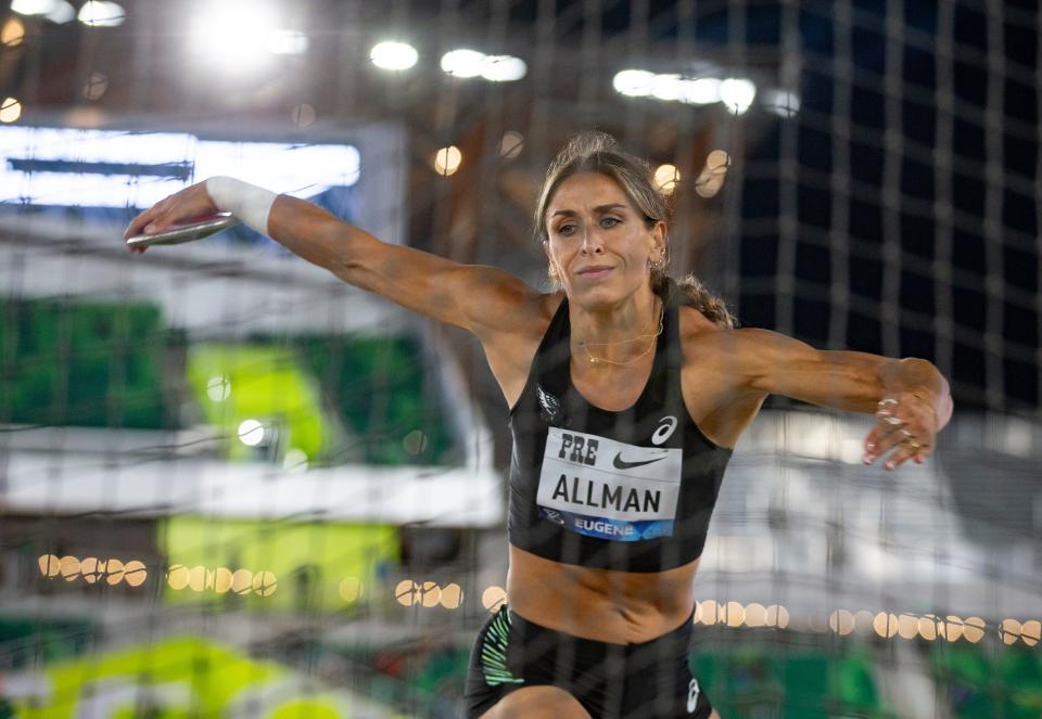 Valarie Allman throws the discus to win the women's discus at the 2022 Prefontaine Classic at Hayward Field in Eugene, Oregon Friday, May 27, 2022.