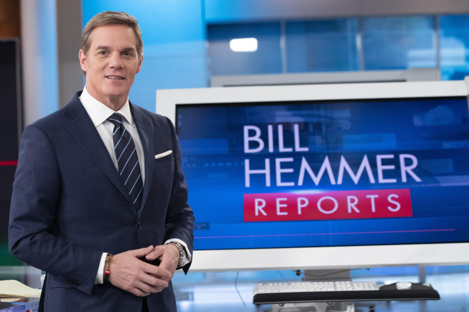 FOX News Channel's Bill Hemmer, anchor of news program Bill Hemmer Reports, poses for a photo on the set of his new show, Friday, Jan. 17, 2020, in New York. Hemmer takes over the 3 p.m. ET news hour that Shepard Smith vacated when he abruptly quit the network late last year. (AP Photo/Mary Altaffer)