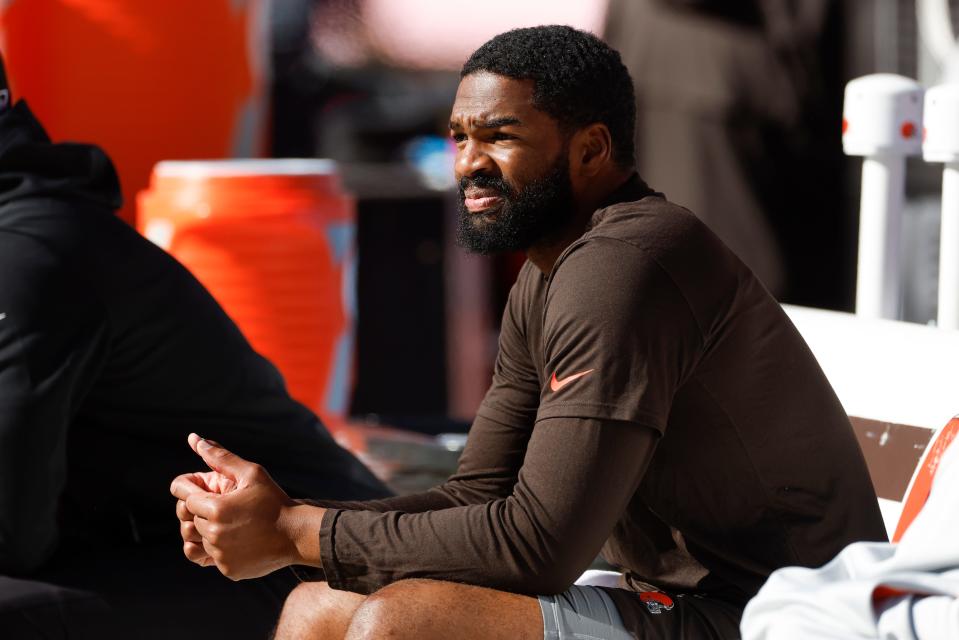 Browns quarterback Jacoby Brissett watches as players start to warm up before a game against the Chargers, Sunday, Oct. 9, 2022, in Cleveland.