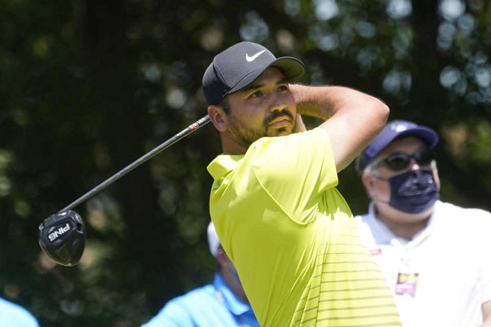 Jason Day, of Australia, watches his tee shot on the second hole during the first round of the AT&T Byron Nelson golf tournament, Thursday, May 13, 2021, in McKinney, Texas. (AP Photo/Tony Gutierrez)