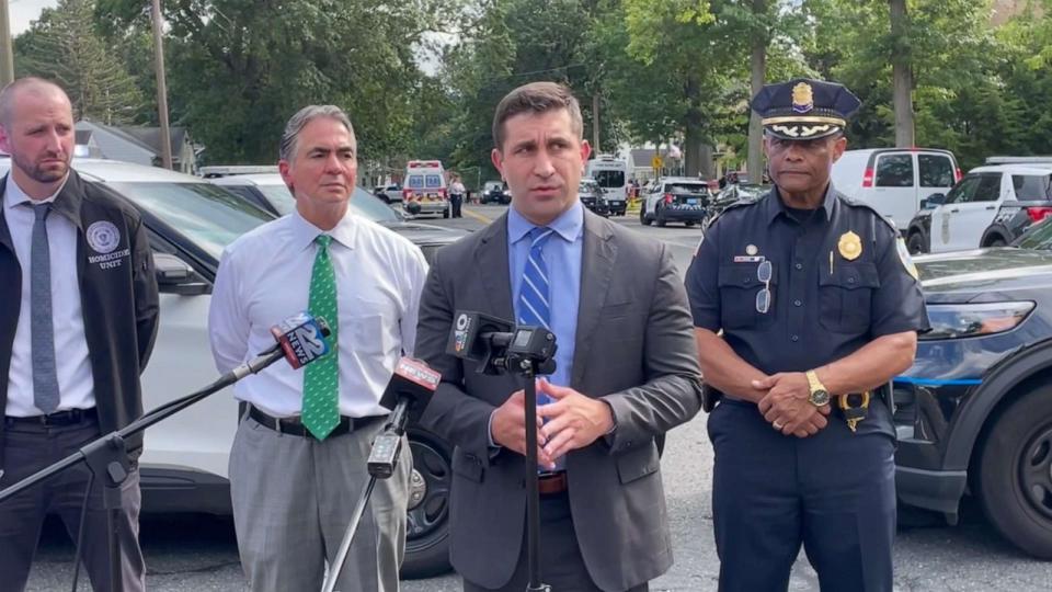 PHOTO: Hampden District Attorney Gulluni, Springfield Mayor Sarno, Springfield Police Deputy Chief Akers and Hampden ADA Bennett provide a briefing on an incident that occurred inside 174 Berkshire Avenue around 2:40 p.m. on Aug. 14, 2023. (Springfield Police Department)