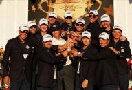 <p>The United States celebrates during the closing ceremony of the 2016 Ryder Cup at Hazeltine National Golf Club on October 2, 2016 in Chaska, Minnesota. (Photo by Streeter Lecka/Getty Images)</p>