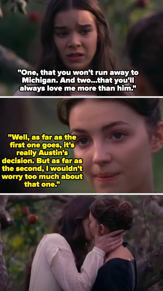 Emily asks Sue to promise her two things: that she won't run away to Michigan and won't love Austin more than she loves her, and Sue says the first is up to Austin and she doesn't have to worry about the second, and then they kiss