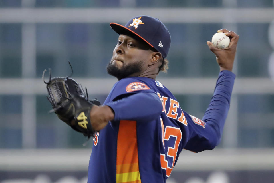 Houston Astros starting pitcher Cristian Javier throws against the Oakland Athletics during the first inning of a baseball game Sunday, Aug. 14, 2022, in Houston. (AP Photo/Michael Wyke)