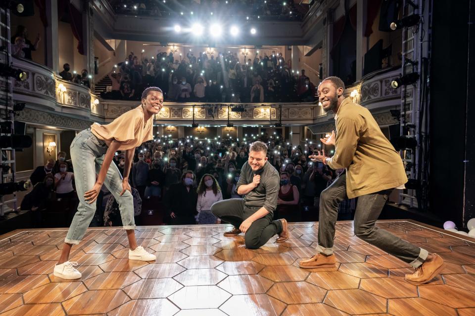 Sheila Atim as Marianne, Ivanno Jeremiah as Roland, and director Michael Longhurst (centre), at the end of the first preview of Constellations at the Vaudeville Theatre, London (PA)